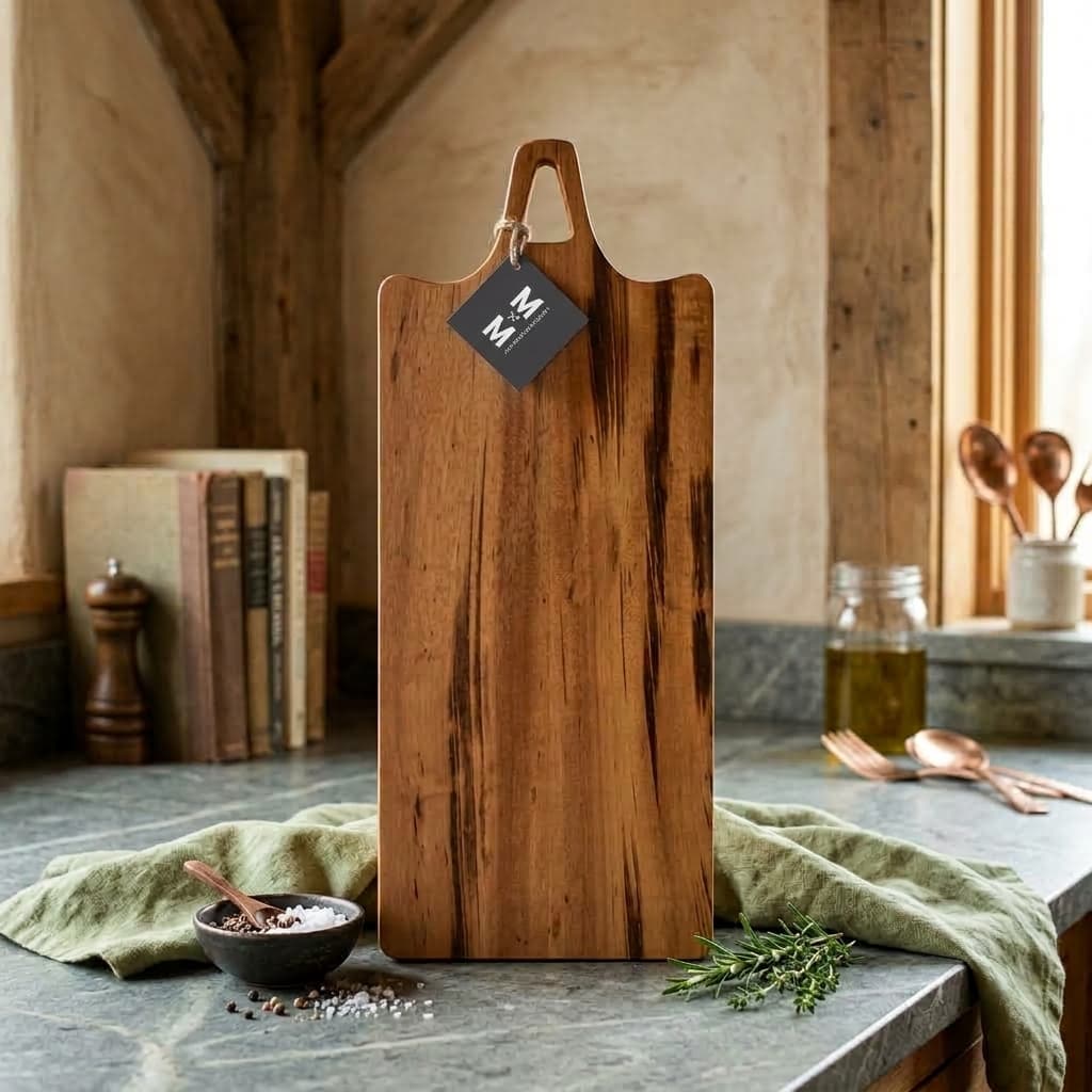Tiger Glade tigerwood charcuterie board with a handle and Moose Mill tag, standing on a stone counter
