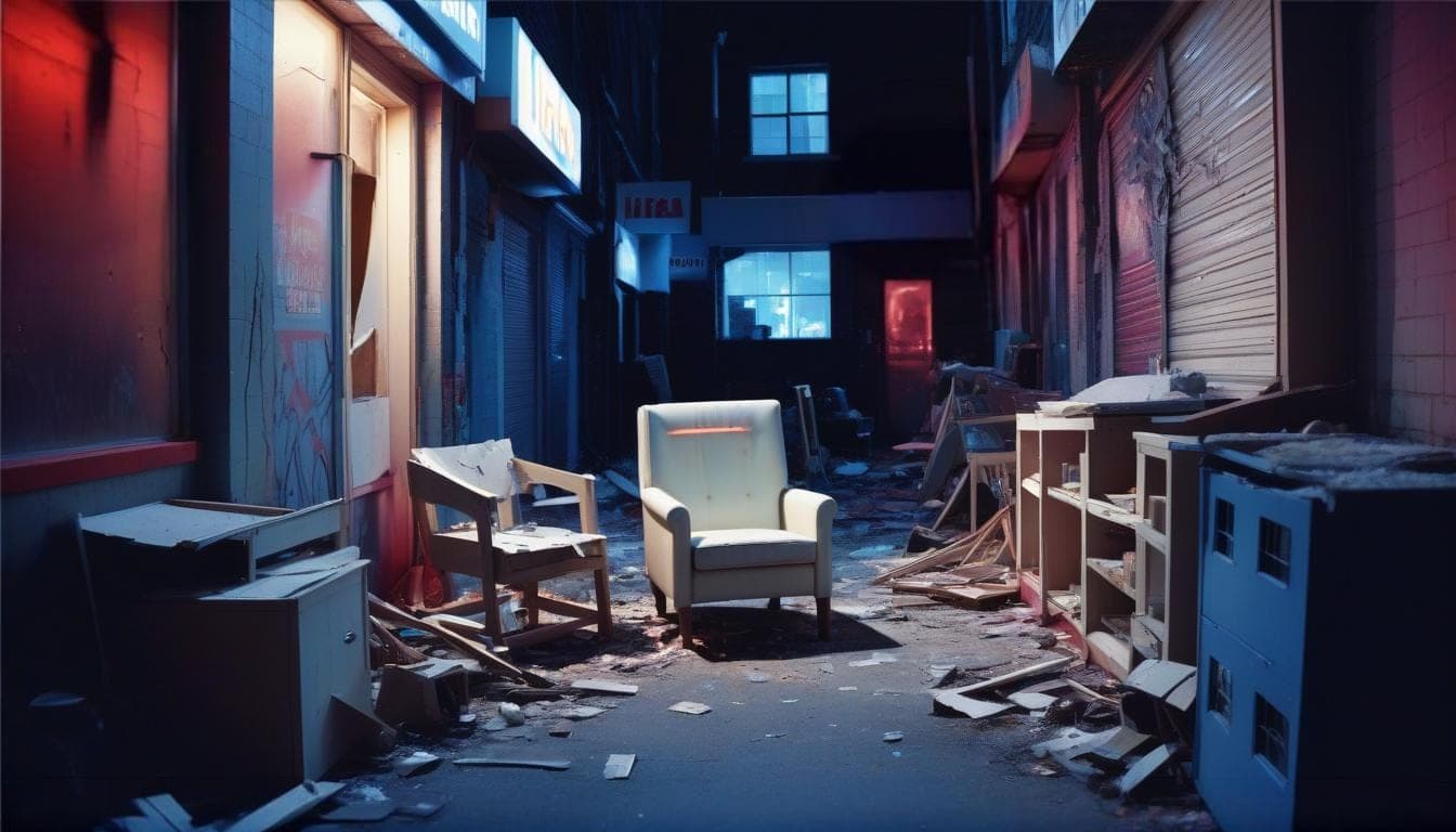 Broken, discarded furniture piled in a dark alley