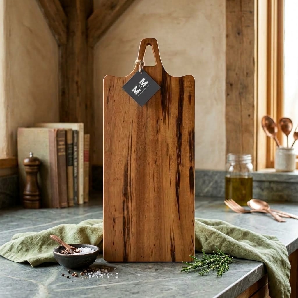 Tiger Glade tigerwood charcuterie board with a handle and Moose Mill tag, standing on a stone counter