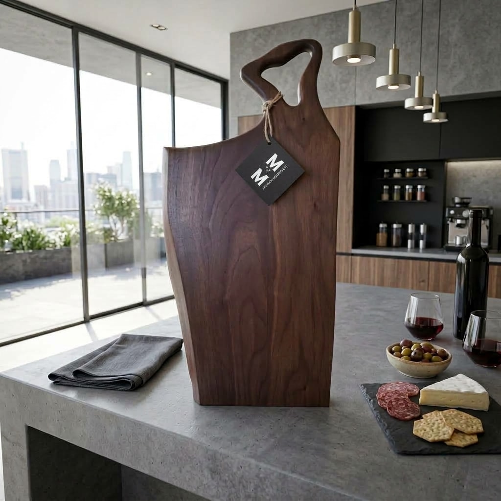 Walnut Hearth black walnut charcuterie board with a sculpted handle and Moose Mill tag in a modern kitchen