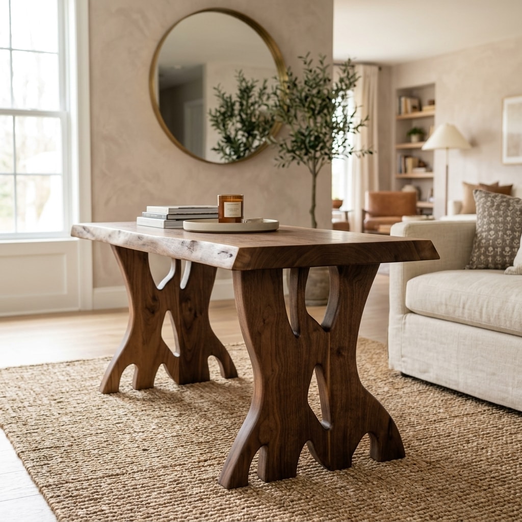 Walnut Woodland live-edge black walnut coffee table with sculpted cut-out legs in a bright living room