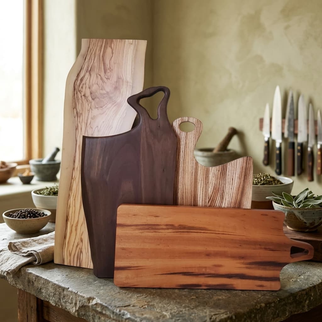 A collection of Moose Mill charcuterie boards in olive, black walnut, zebrawood and cherry on a stone kitchen counter