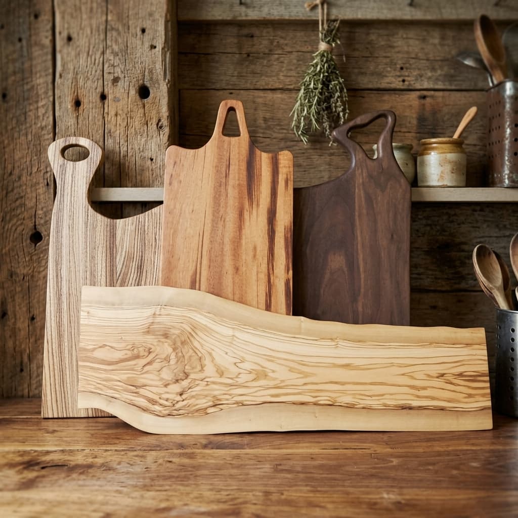 Moose Mill charcuterie boards in zebrawood, tigerwood, black walnut and live-edge olive on a rustic wooden shelf