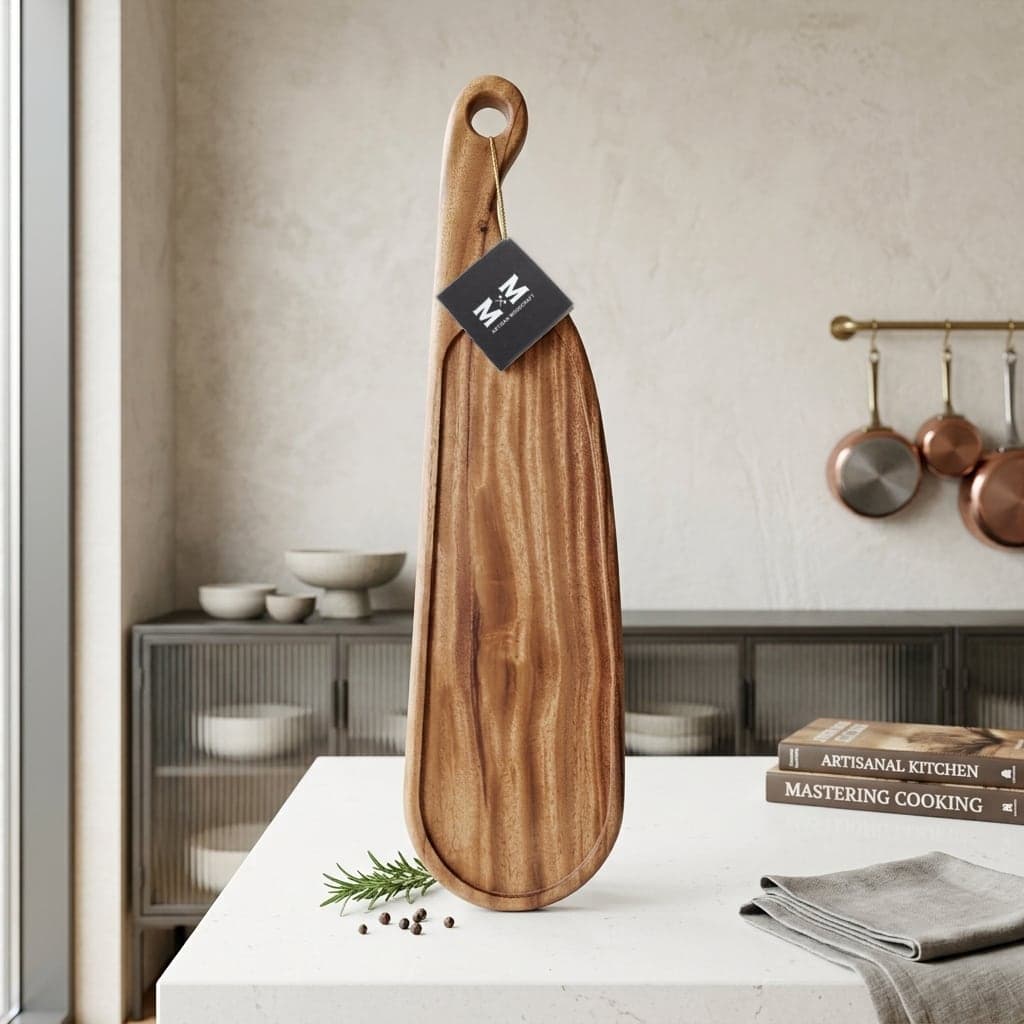 African Mahogany Celestia board with a round handle and Moose Mill tag, standing on a kitchen counter