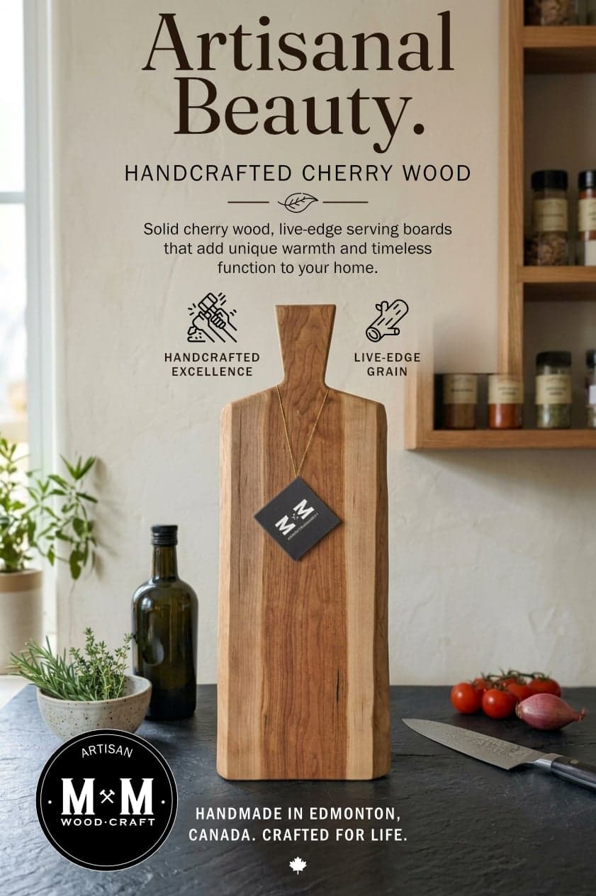 The Cherry Shire charcuterie board standing on a kitchen counter, with the words Artisanal Beauty, handcrafted cherry wood
