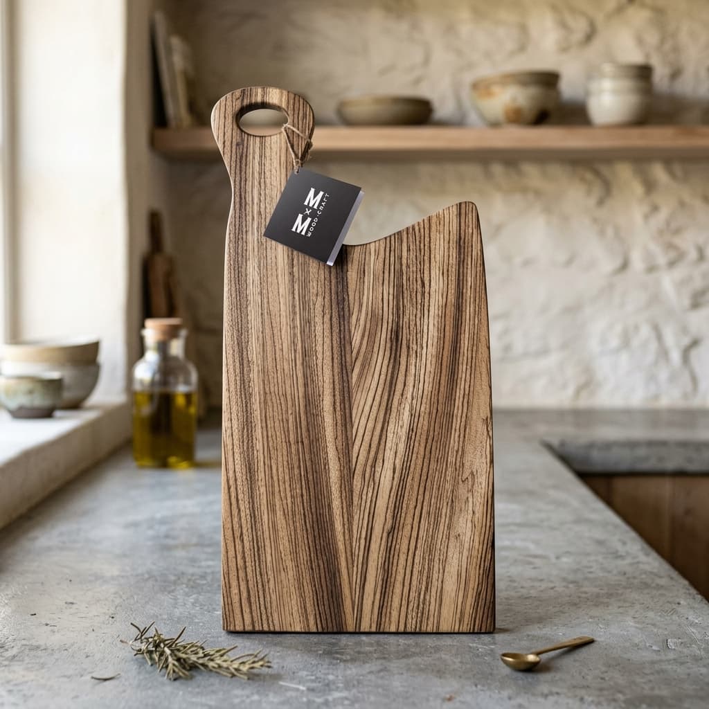 Zebra Dune zebrawood charcuterie board with a sloped edge, round handle and Moose Mill tag, standing on a kitchen counter