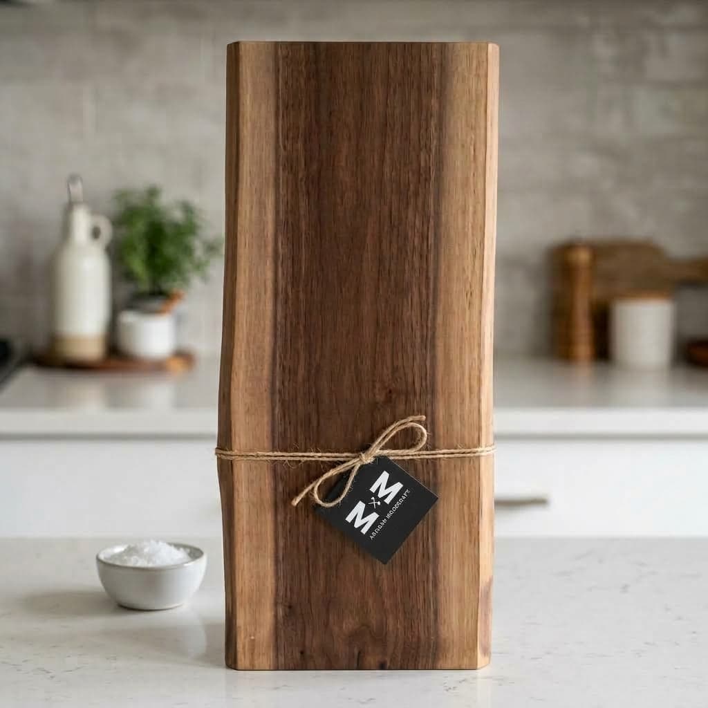 Black Walnut Manor live-edge board tied with twine and a Moose Mill tag, standing on a kitchen counter