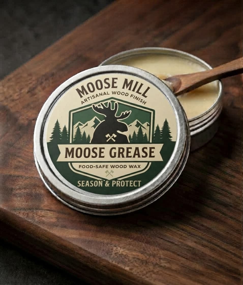 An open tin of Moose Mill Moose Grease food-safe wood wax on a walnut board