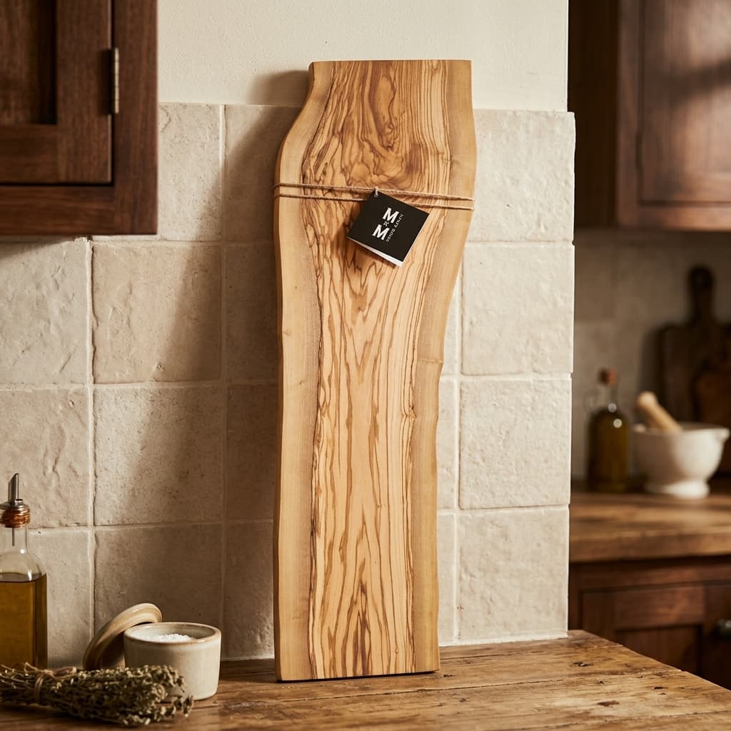 Olive Grove live-edge olive wood board with twine and a Moose Mill tag, leaning against a kitchen backsplash