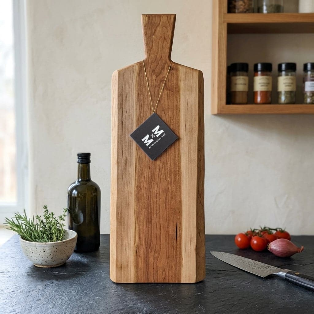 Cherry Shire live-edge paddle board with a Moose Mill tag, standing on a dark kitchen counter
